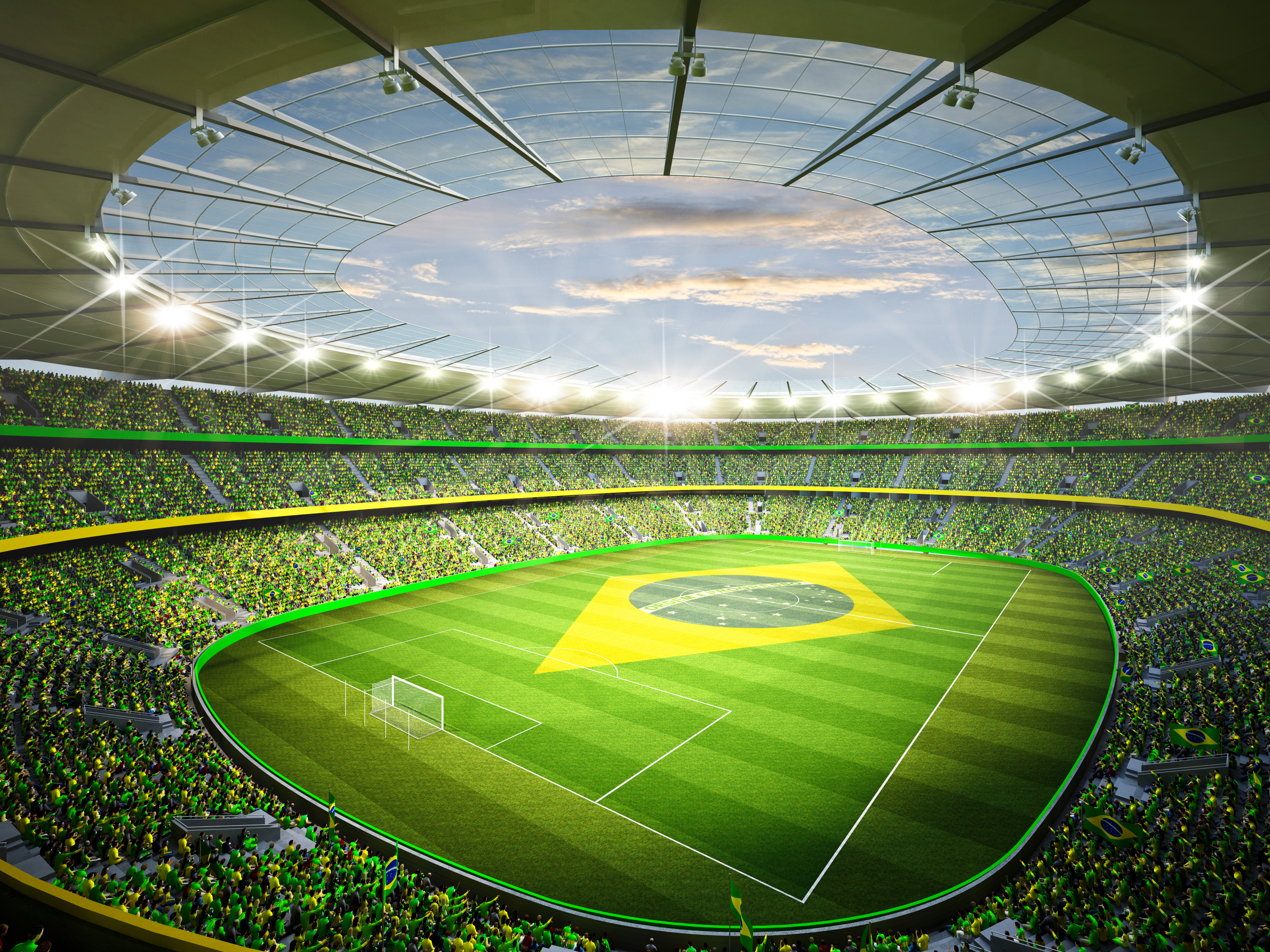 A soccer stadium decorated with an emblem representing the Brazilian flag.