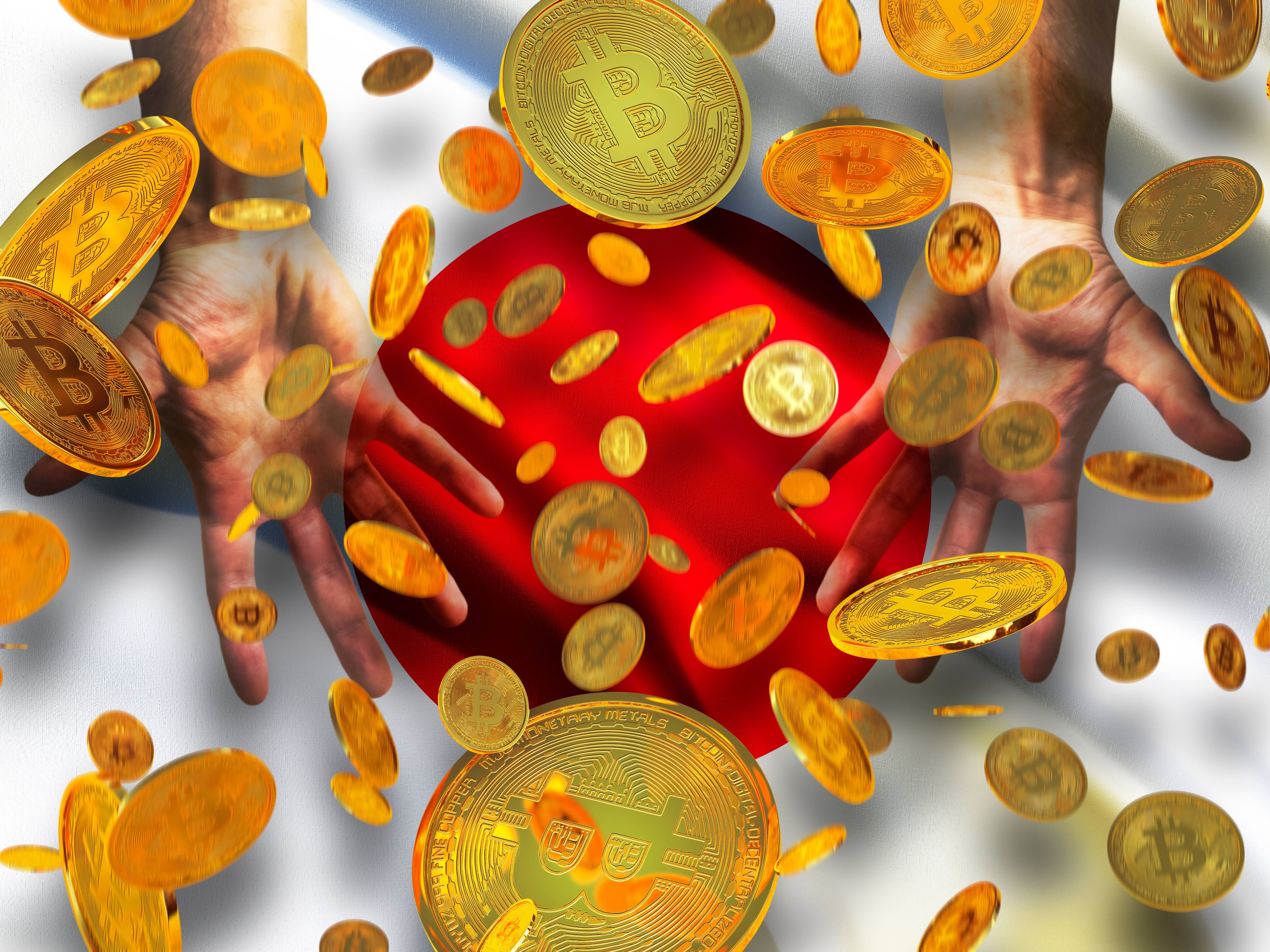 Artistic representations of crypto tokens fall through a person&amp;amp;rsquo;s hands against the backdrop of the Japanese flag.