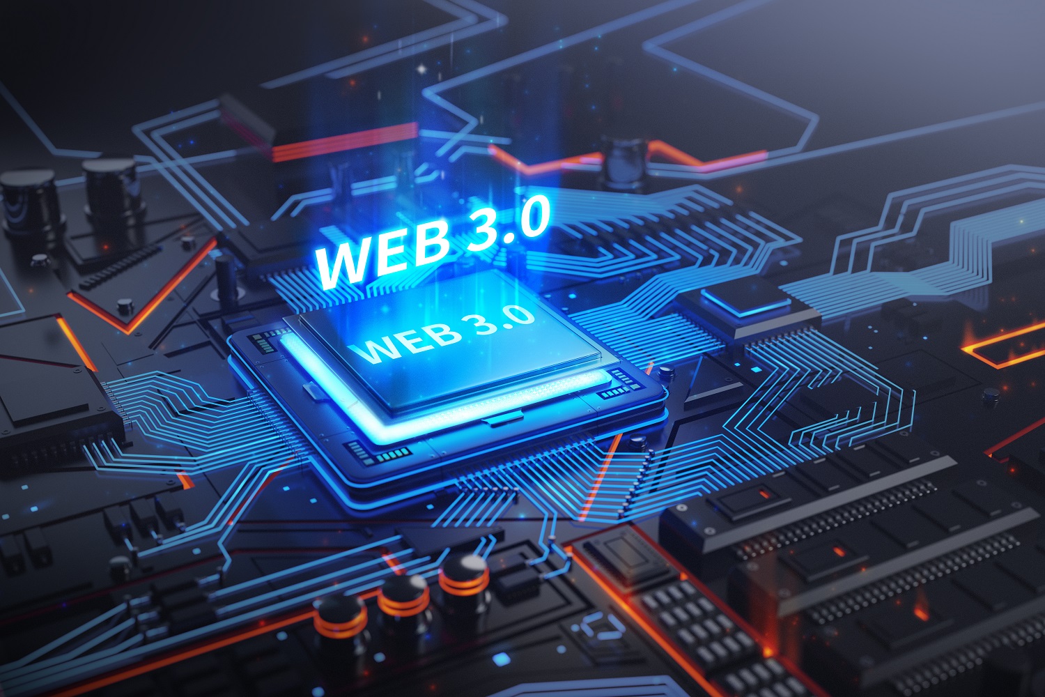 A CPU on a circuit board, with the text &ldquo;Web 3.0&rdquo; placed above it.