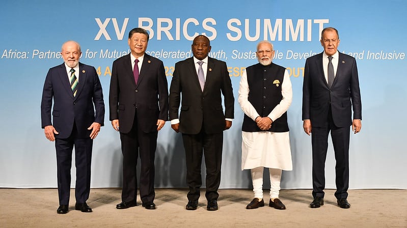 The Presidents of Brazil, China, South Africa, and India, with the Russian Foreign Minister at last year&rsquo;s BRICS summit in Johannesburg.